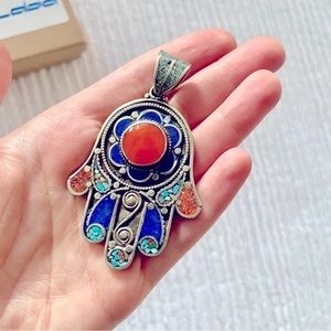 NWT GALLABIA ISRAEL Double Sided Hamza Hand Pendant w/ Incredible Vibrant Stones